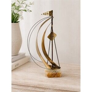 Vintage 1970's DeMott Brass Sailboat Sculpture Onyx Base MCM Modernist Nautical